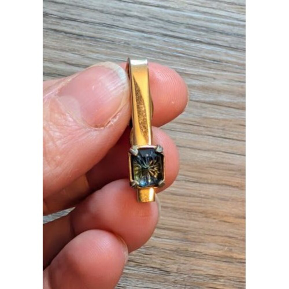 Vintage Swank Gold Tone Tie Bar/Clip with a Blue Rhinestone
